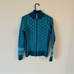 Athleta Wool Zip-Up Sweater Jacket Fair Isle Teal Blue Size Medium